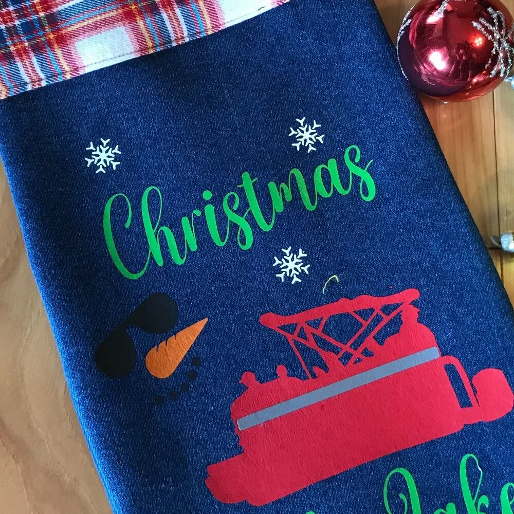 Denim Christmas Stocking, Lake House Christmas Decor Pontoon Boating Fishing